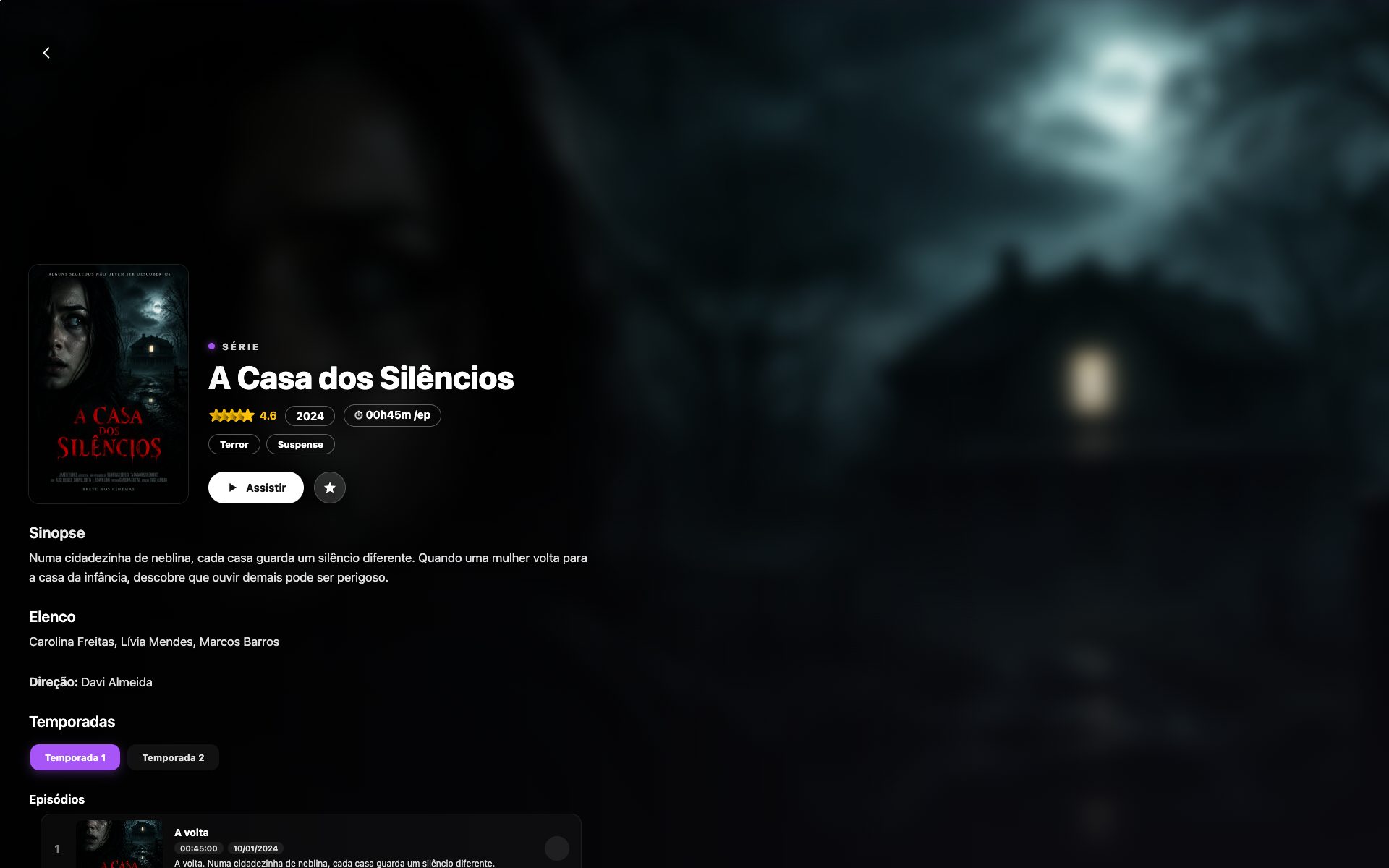 Página de série com temporadas e episódios